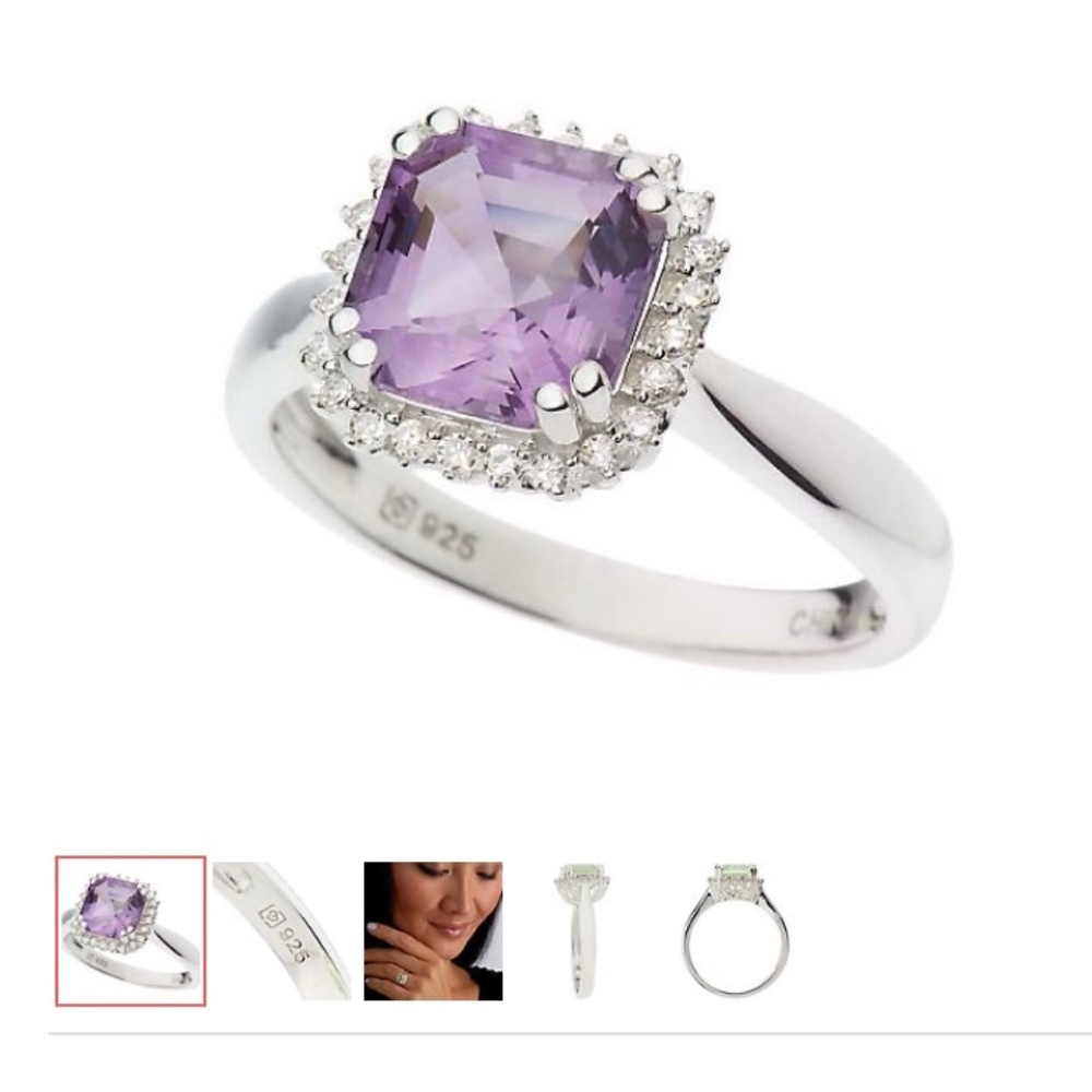 Sterling Asscher Cut Amethyst Gemstone & 1/10 Carat TW Diamond Ring/Size 6/NEW!